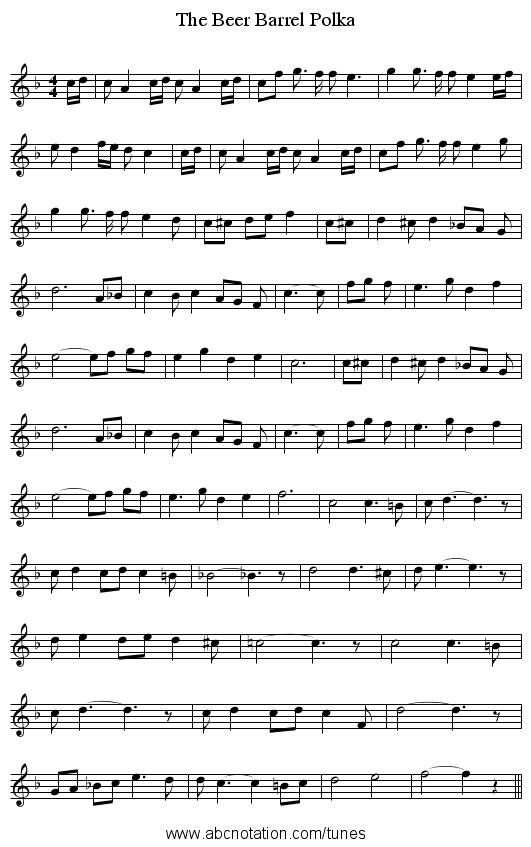 The Beer Barrel Polka - staff notation
