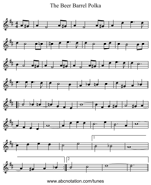 The Beer Barrel Polka - staff notation