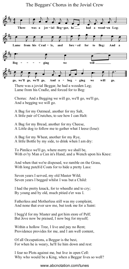 The Beggars' Chorus in the Jovial Crew - staff notation