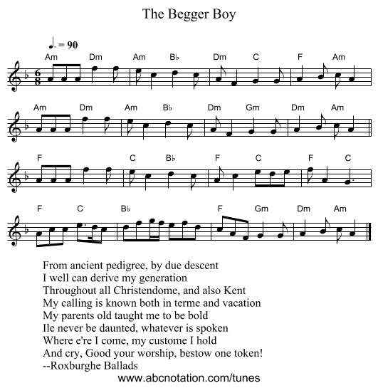 The Begger Boy - staff notation