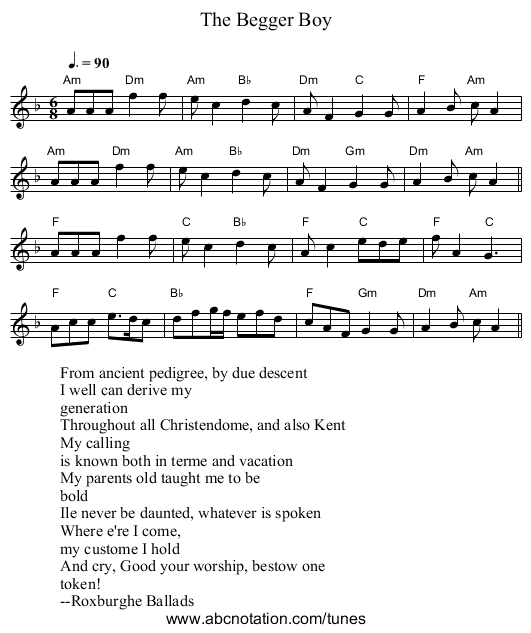 The Begger Boy - staff notation