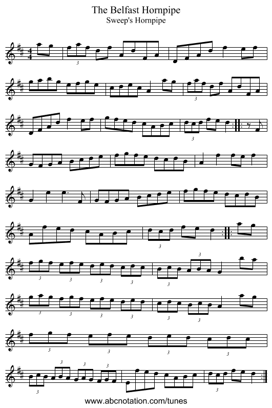 The Belfast Hornpipe - staff notation