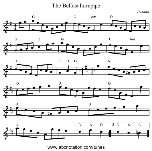 The Belfast hornpipe - staff notation
