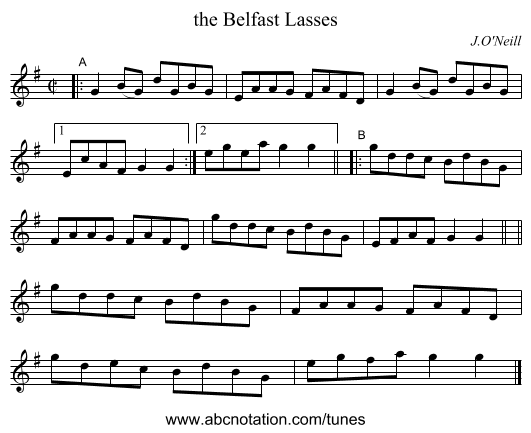 the Belfast Lasses - staff notation