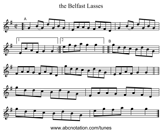 the Belfast Lasses - staff notation
