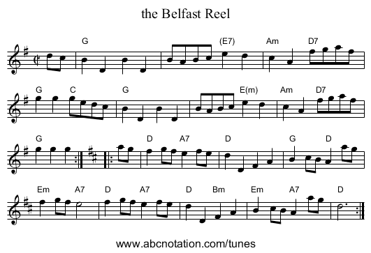 the Belfast Reel - staff notation