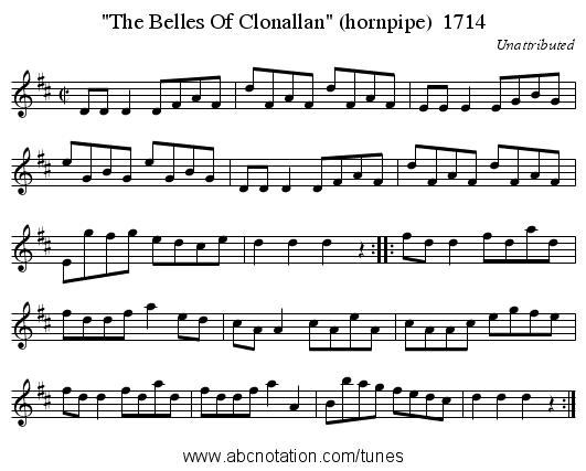 The Belles Of Clonallan (hornpipe)  1714 - staff notation