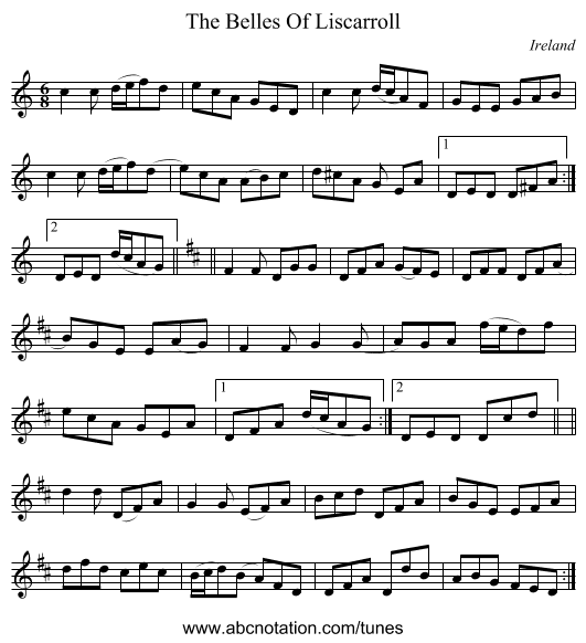 The Belles Of Liscarroll - staff notation