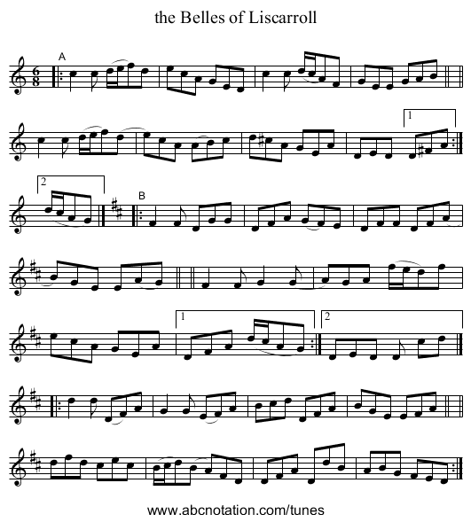the Belles of Liscarroll - staff notation