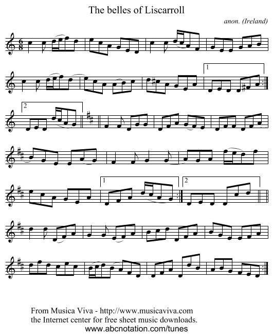 The belles of Liscarroll - staff notation