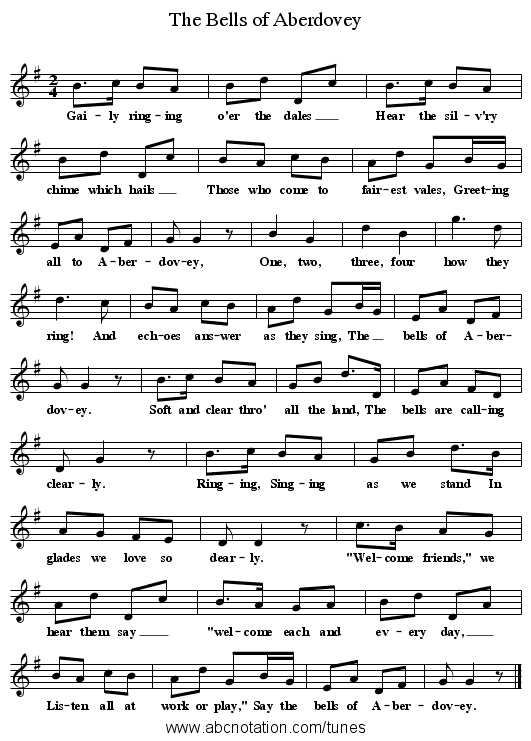 The Bells of Aberdovey - staff notation