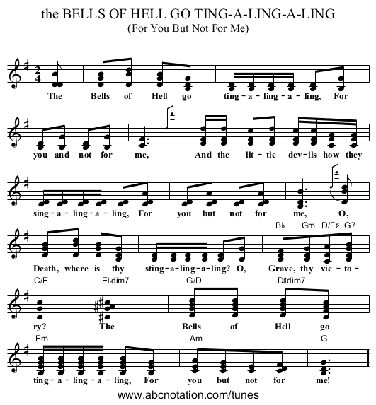 the BELLS OF HELL GO TING-A-LING-A-LING - staff notation