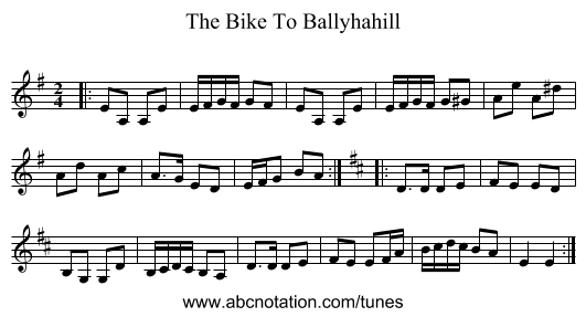 The Bike To Ballyhahill - staff notation