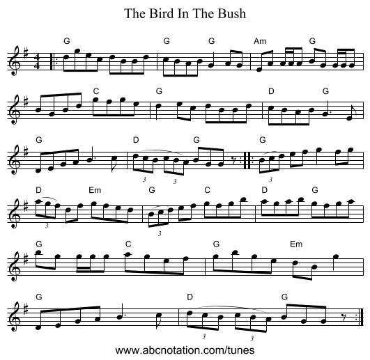 The Bird In The Bush - staff notation