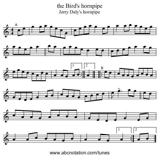 the Bird's hornpipe - staff notation