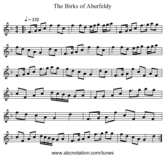 The Birks of Aberfeldy - staff notation