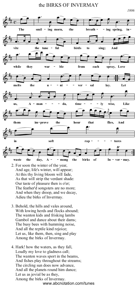 the BIRKS OF INVERMAY - staff notation