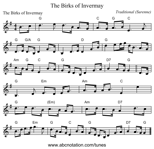 The Birks of Invermay - staff notation