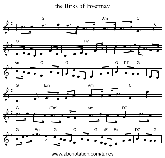 the Birks of Invermay - staff notation