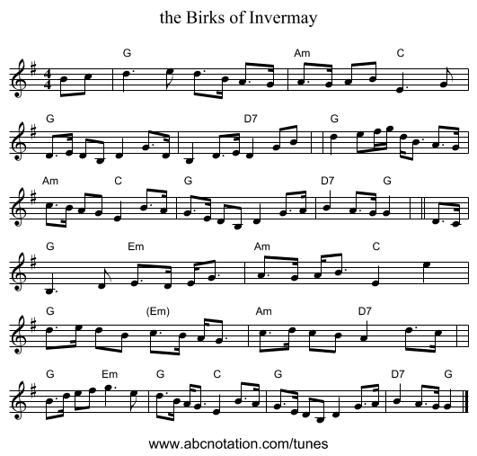 the Birks of Invermay - staff notation