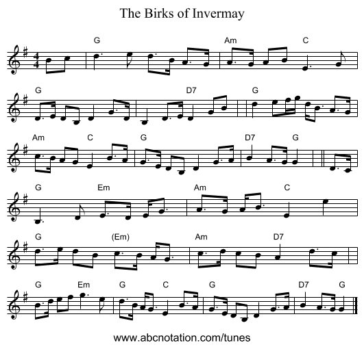 The Birks of Invermay - staff notation