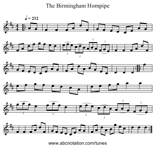 The Birmingham Hornpipe - staff notation