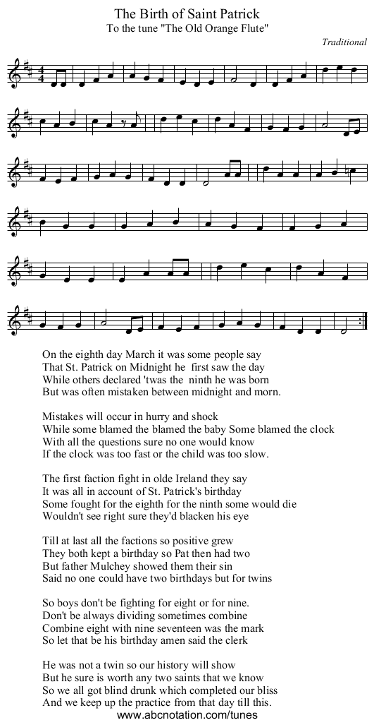 The Birth of Saint Patrick - staff notation