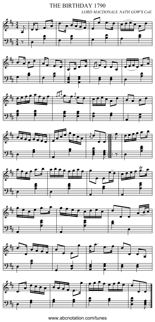 THE BIRTHDAY 1790 - staff notation
