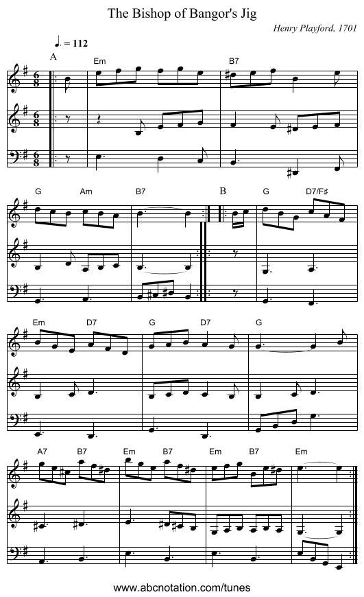 The Bishop of Bangor's Jig - staff notation