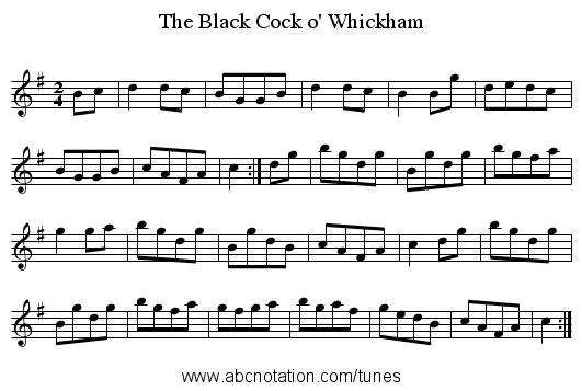 The Black Cock o' Whickham - staff notation