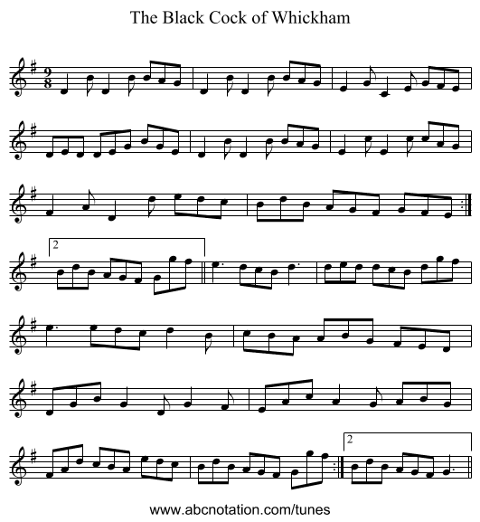 The Black Cock of Whickham - staff notation