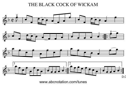 THE BLACK COCK OF WICKAM - staff notation