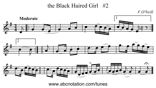the Black Haired Girl   #2 - staff notation