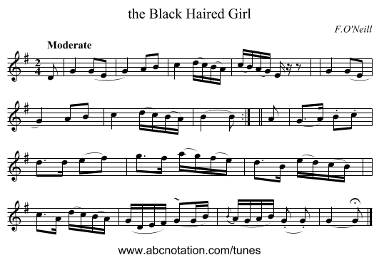 the Black Haired Girl - staff notation