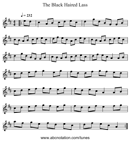The Black Haired Lass - staff notation