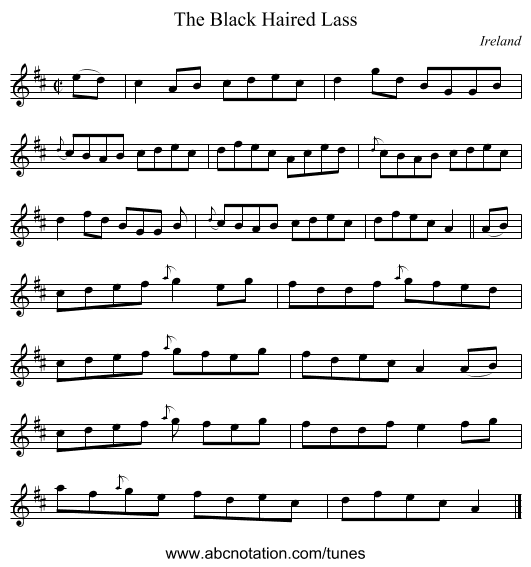 The Black Haired Lass - staff notation