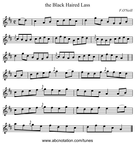 the Black Haired Lass - staff notation