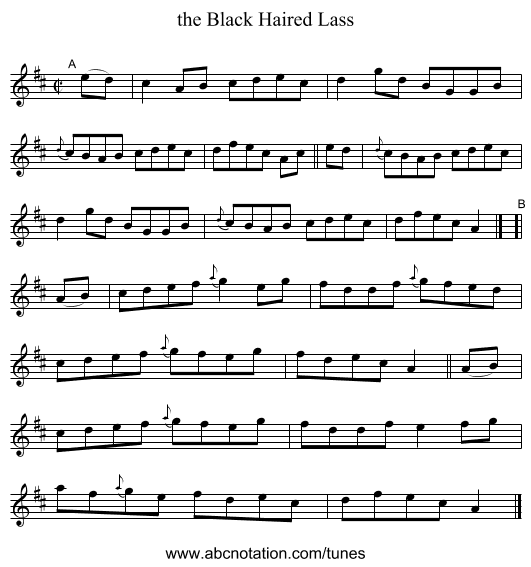 the Black Haired Lass - staff notation