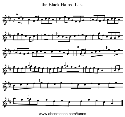 the Black Haired Lass - staff notation