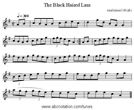 The Black Haired Lass - staff notation