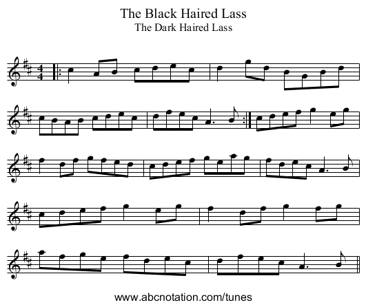The Black Haired Lass - staff notation