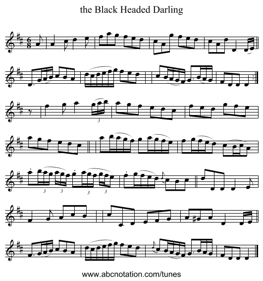 the Black Headed Darling - staff notation