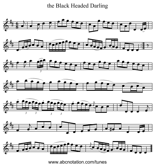 the Black Headed Darling - staff notation