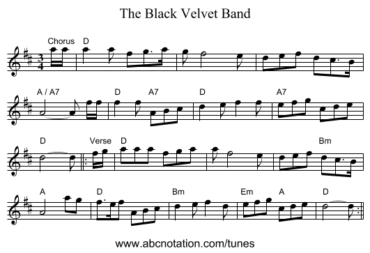 The Black Velvet Band - staff notation