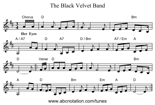 The Black Velvet Band - staff notation