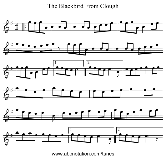 The Blackbird From Clough - staff notation