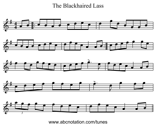 The Blackhaired Lass - staff notation
