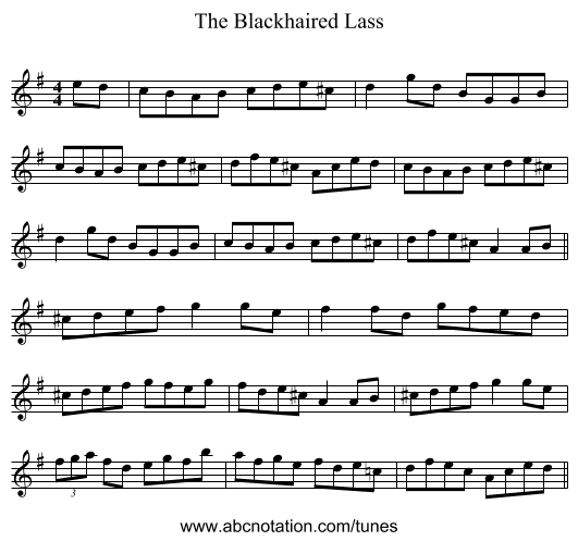 The Blackhaired Lass - staff notation