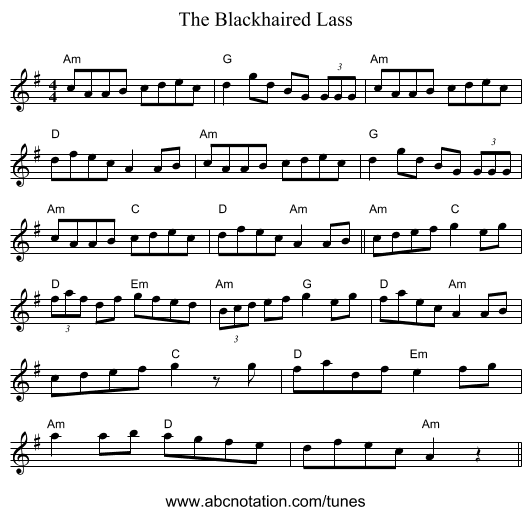 The Blackhaired Lass - staff notation