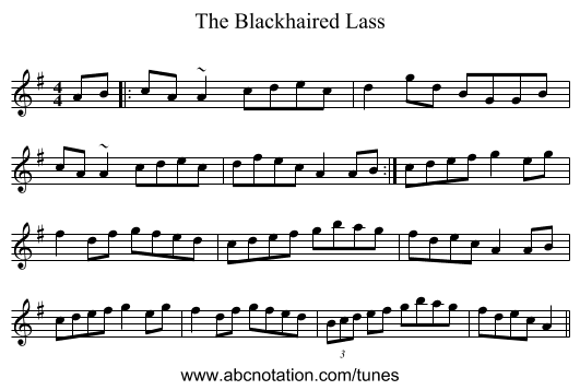 The Blackhaired Lass - staff notation